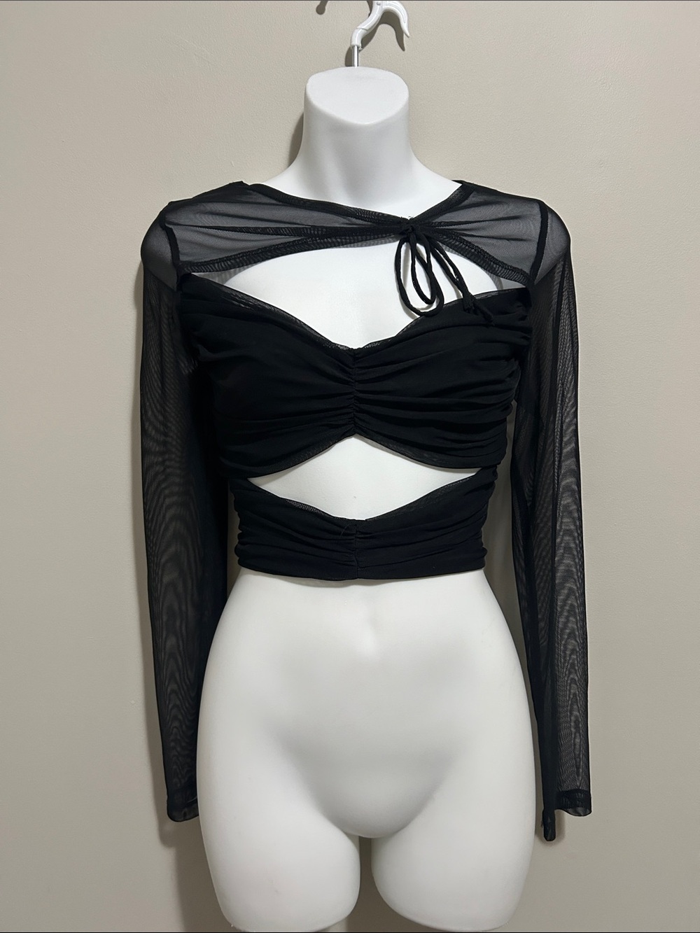 Princess Polly Black Mesh Tie-Front Rushed Top